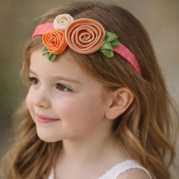 NEW Stunning Handmade Girls Headband Coral Peach Ivory Silk Flowers - Picture 1 of 5